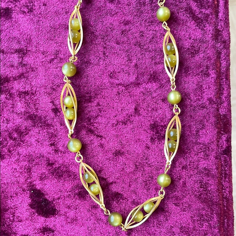 Elegant Vintage Gold and Green Moonglow Lucite Bead Necklace